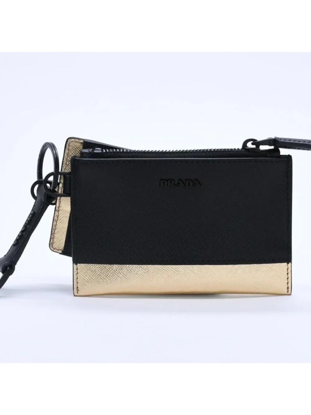 Prada Logo Coin Purse Card Curse Saffano Leather Black Gold